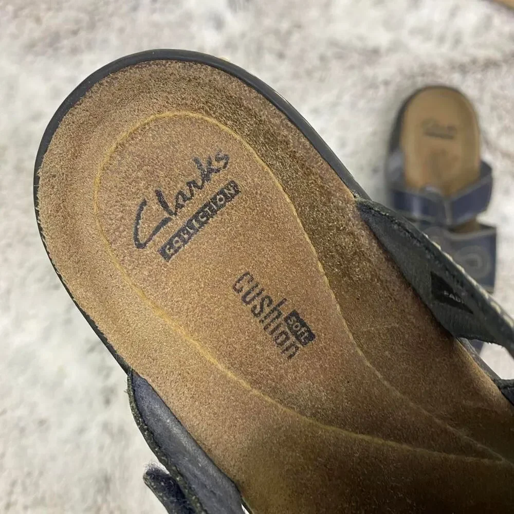 Clarks Leisa cacti navy blue leather sandals white stitching floral boho fairy